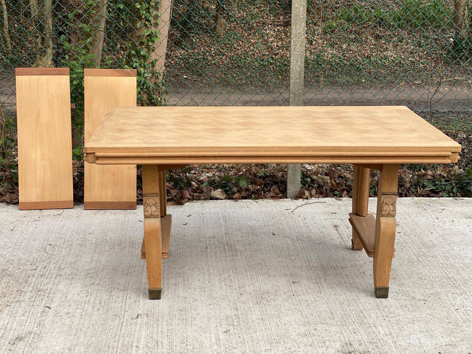 Art Deco extendable dining table renovated in raw oak and marquetry 220