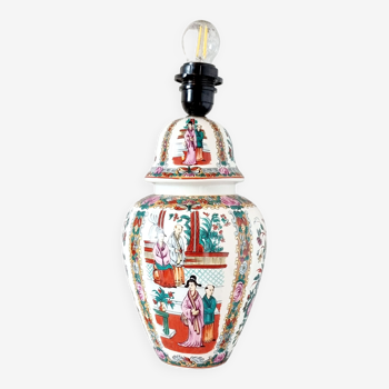 Multicolored chinese porcelain table lamp with palace scenes and birds