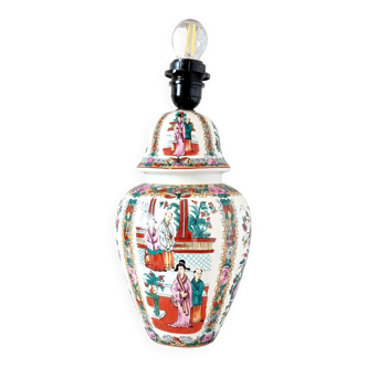 Multicolored chinese porcelain table lamp with palace scenes and birds