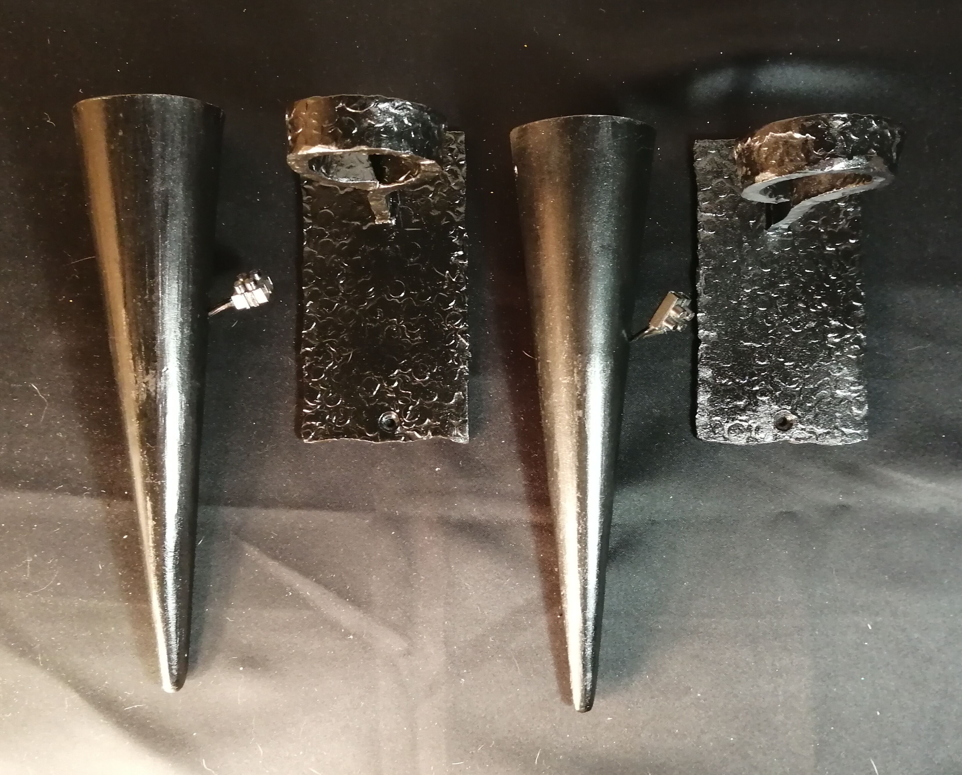 Pair of conical sconces in wrought iron, medieval, electrified in 1960