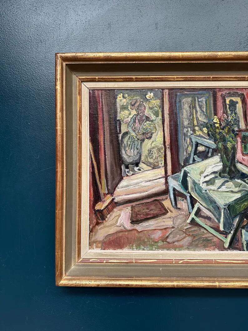 Oil on panel by Swedish artist – "Interior with figure" by Olle Nordberg (1905–1986) – 1944 – vintage and framed – 40×46 cm (15.7"×18.1")