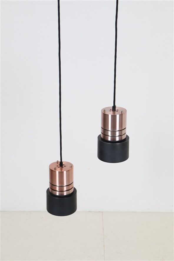 Set of 2 space age pendant lamps / Mid-century Danish modern design / Aluminum / Copper / 1960s / 1970s