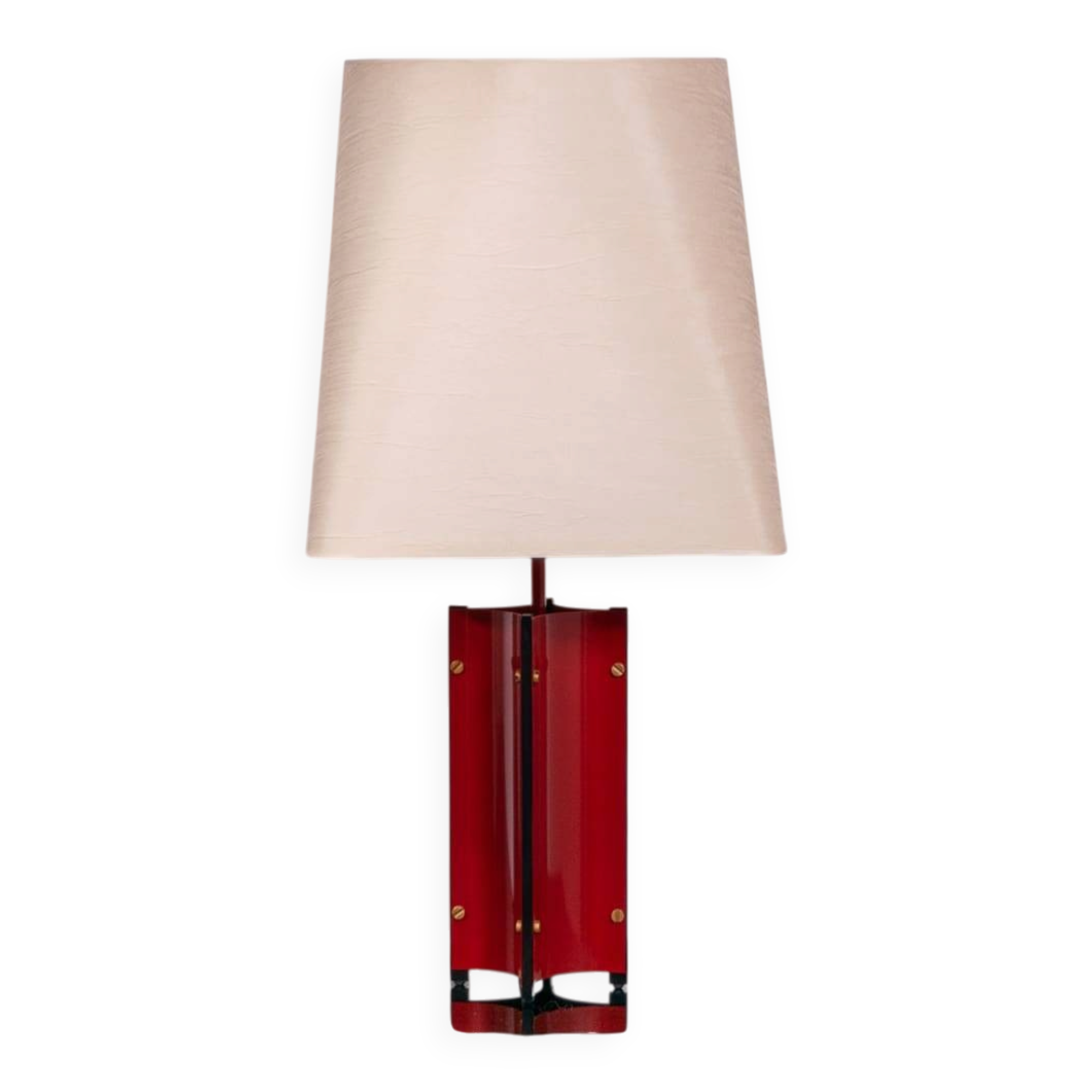 Red metal sculptural table lamp with oversized lamp shade circa 1980