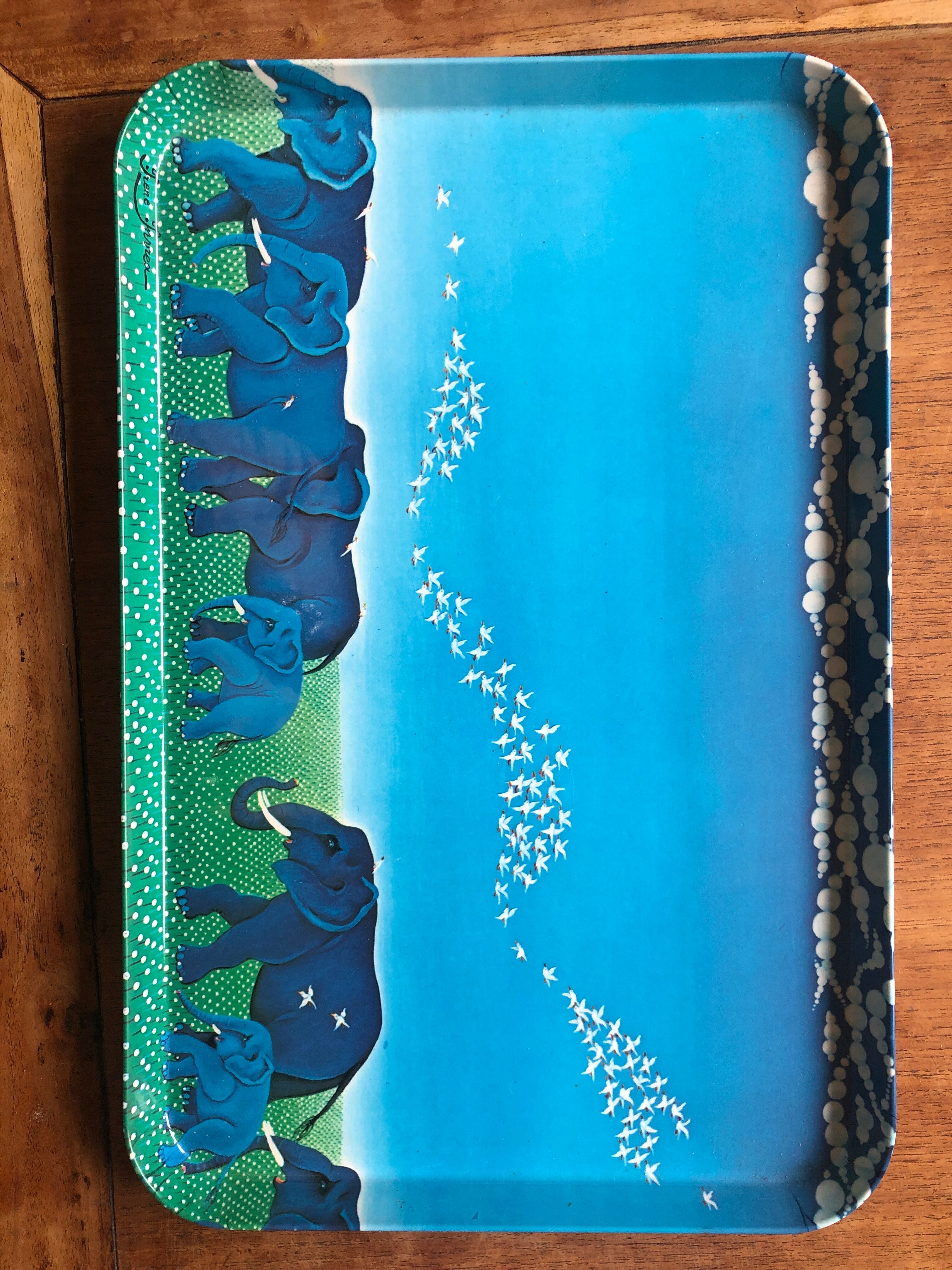 Large tray mebel Irene invrea art naïve blue elephants