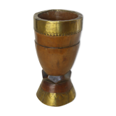 Carved wooden mortar decorated with brass strapping engraved with stylized motifs-Benin deb.20th