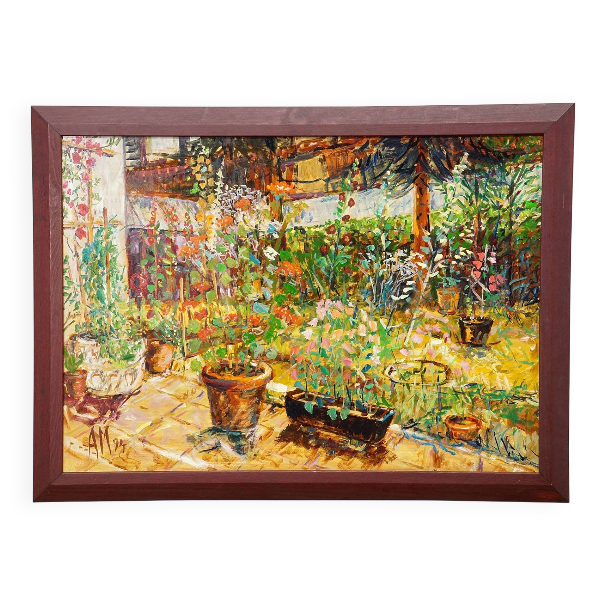 Terrasse avec pot de géranium, 1994 – Peinture à l'huile par Alexander Michael