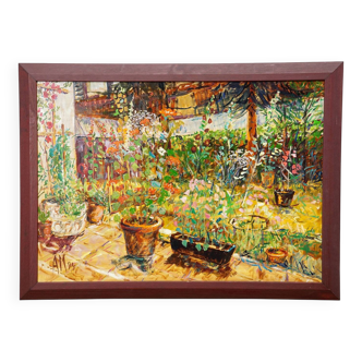 Terrace with geranium pot, 1994 – Oil painting by Alexander Michael