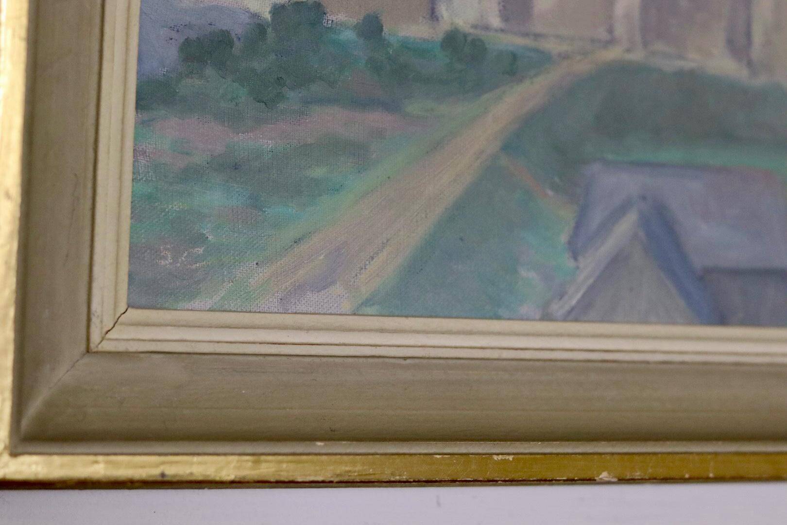 Original Swedish oil painting on canvas "Silent Houses" – vintage and framed