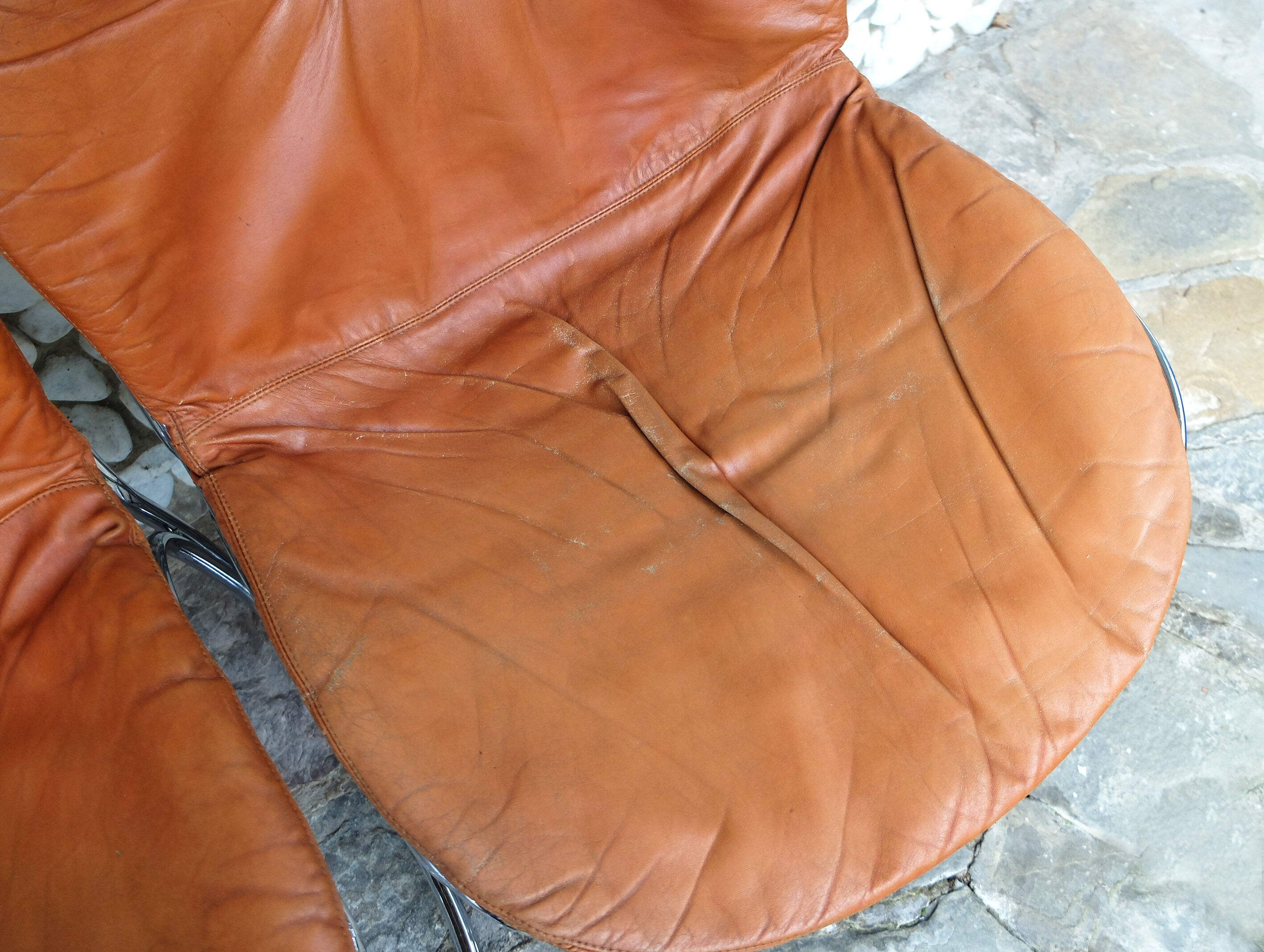 Series of 4 chairs Sabrina design Gastone Rinaldi for Rima, tawny leather, 1970