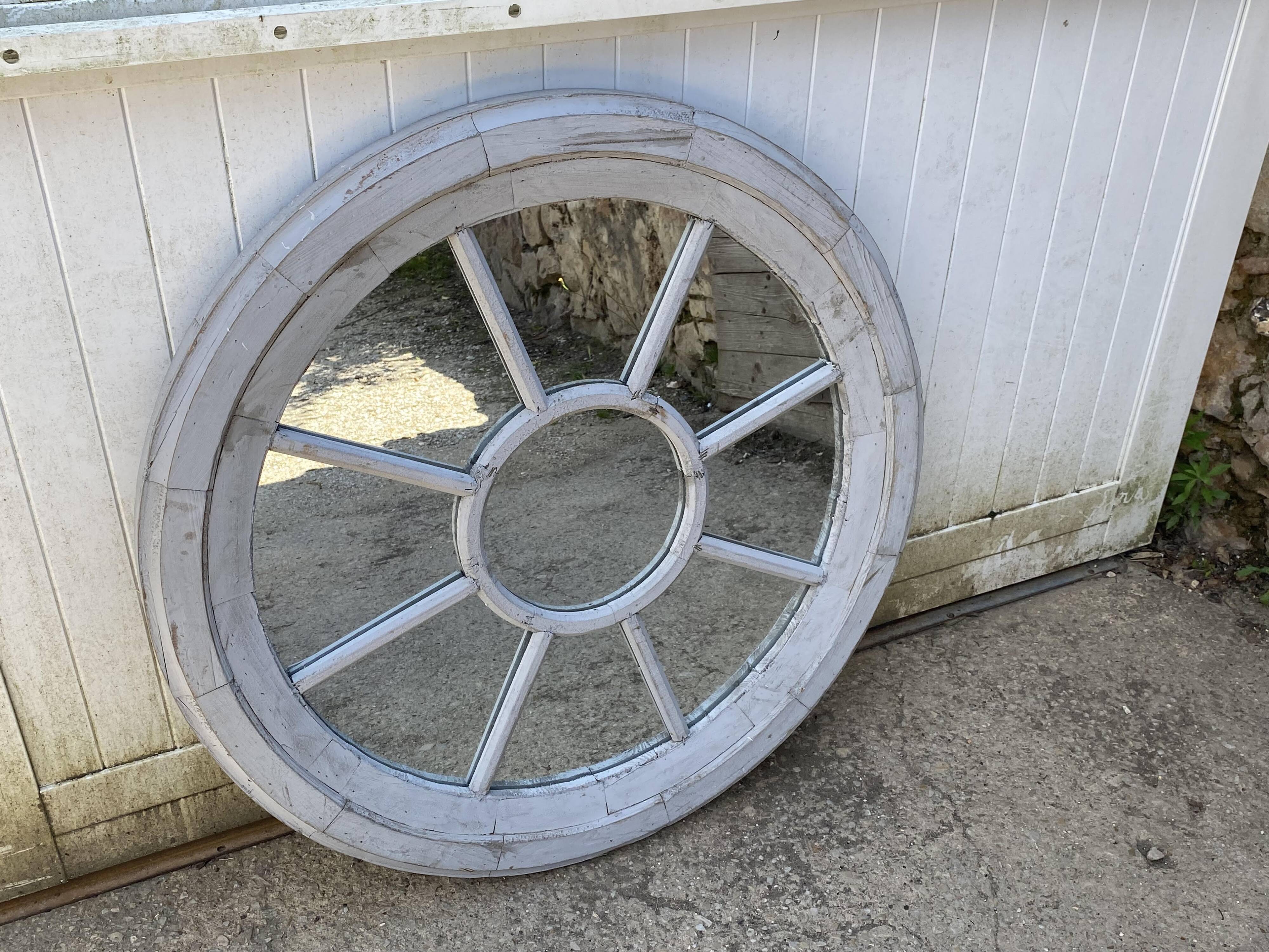 Large vintage gray cart wheel wooden wall mirror