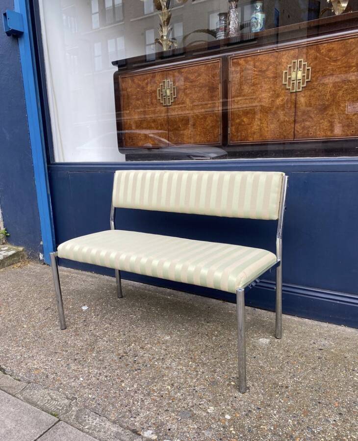 Chrome Bench Green Stripped 1970s Hollywood Regency Modernist Vintage