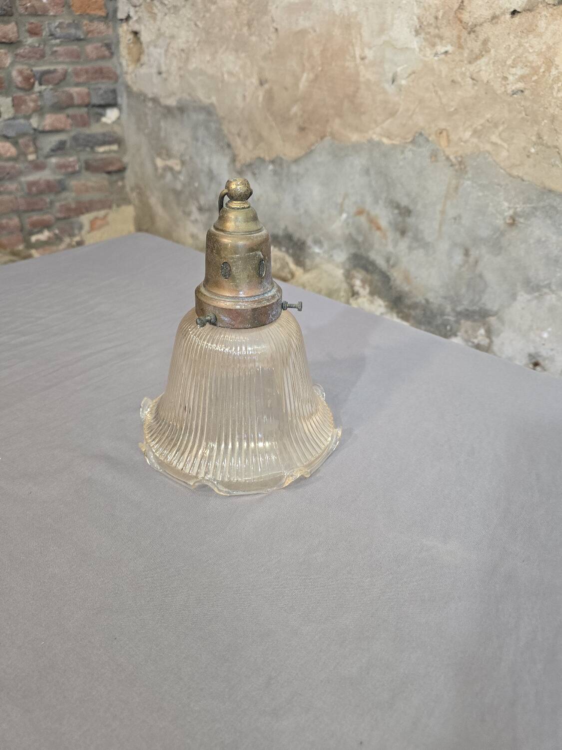 Holophane glass and brass suspension