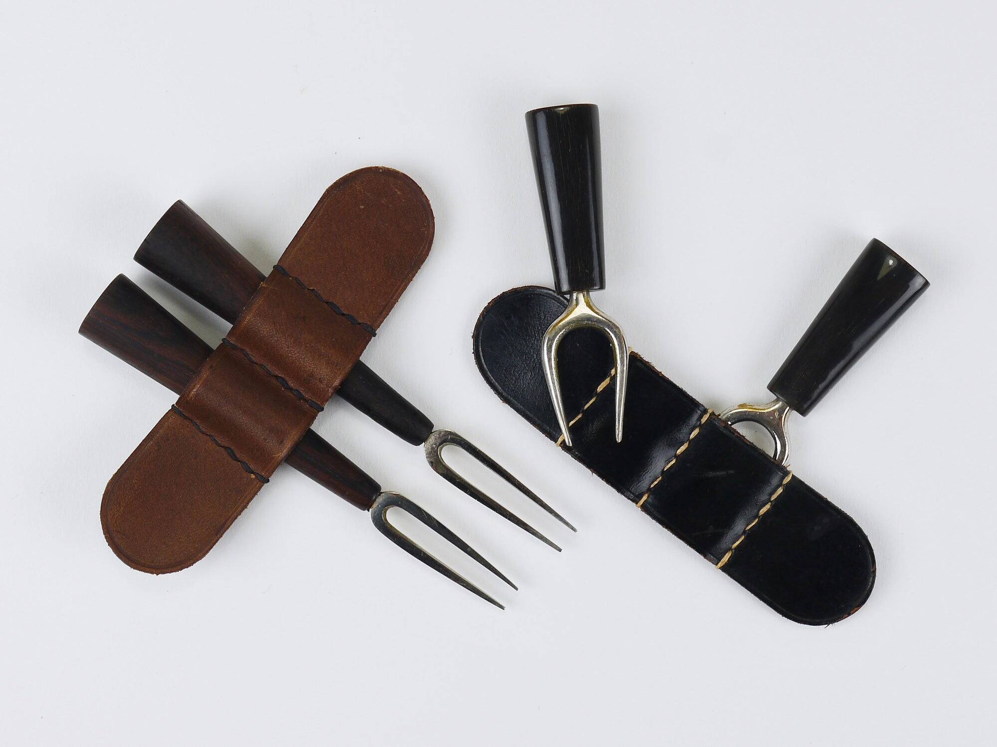 Carl Aubock Forks, Brass, Leather Holder, Corn Cob Skewers, Vienna, 1930s