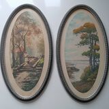 Pair of color lithographed landscape paintings