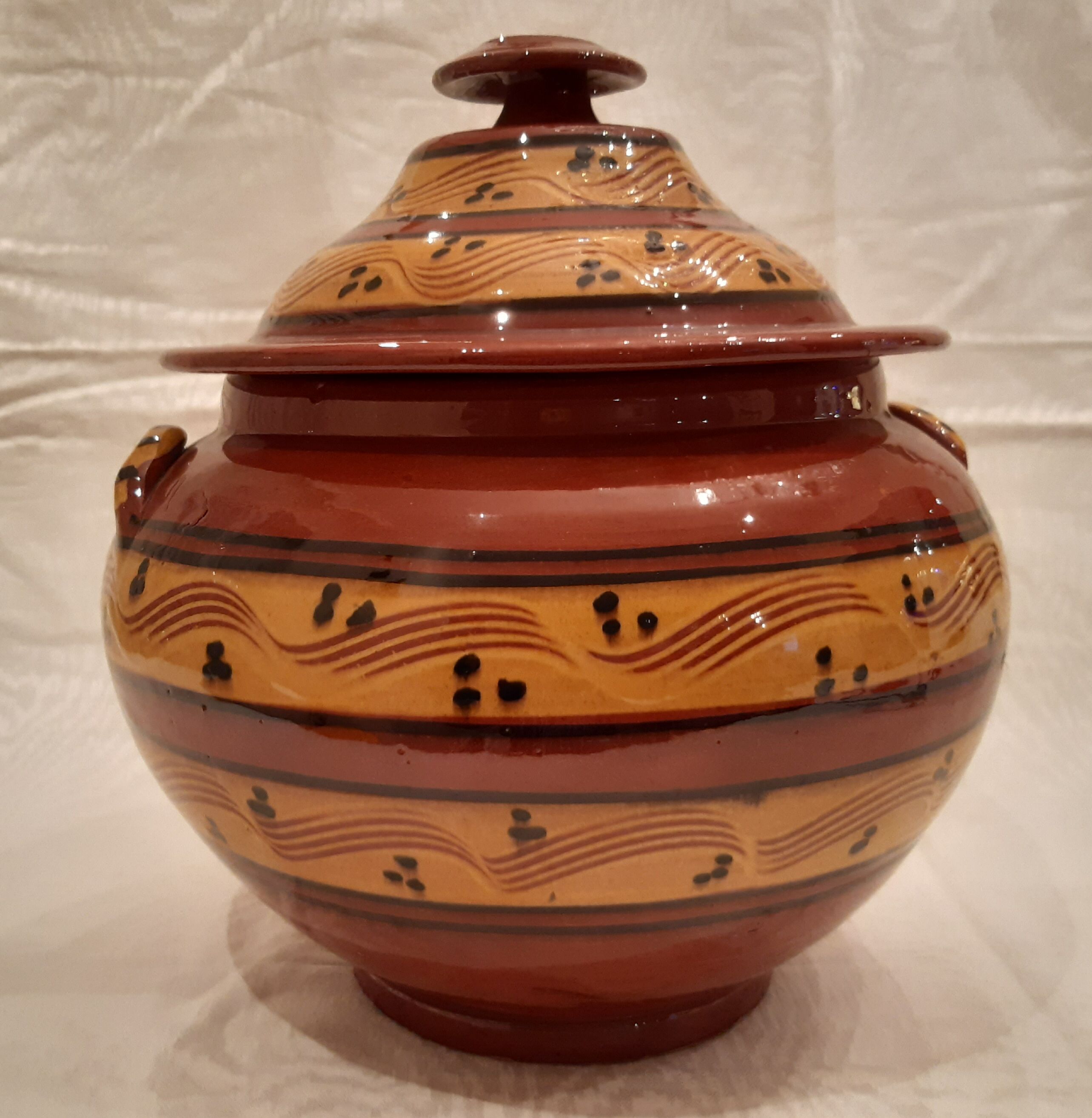 Old glazed terracotta lid jar, 25cm diameter, TBE