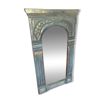 Trumeau miroir style empire en bois bleu et doré aux épis de bois