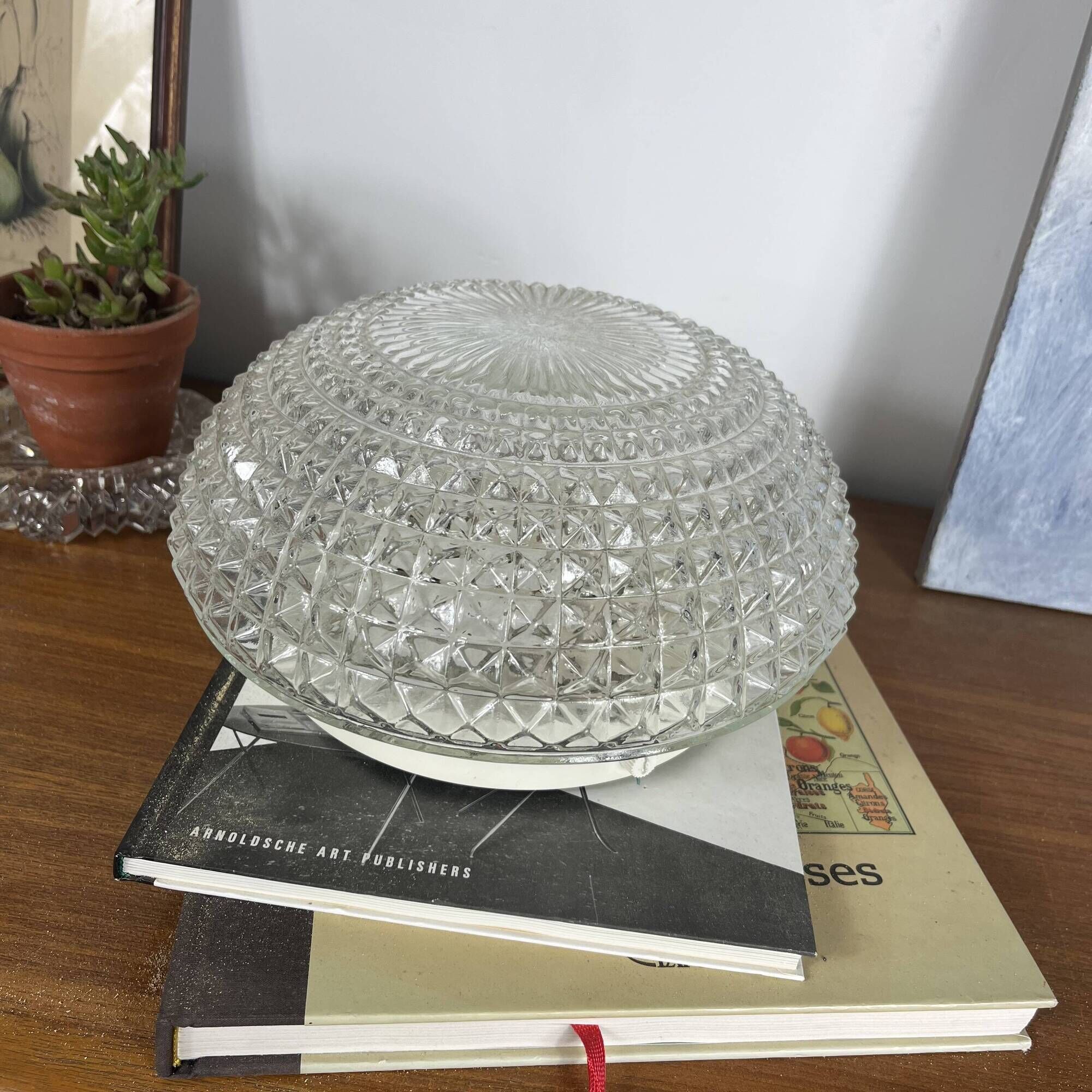 Large round wall lamp ceiling light in transparent vintage glass from the 1970s.