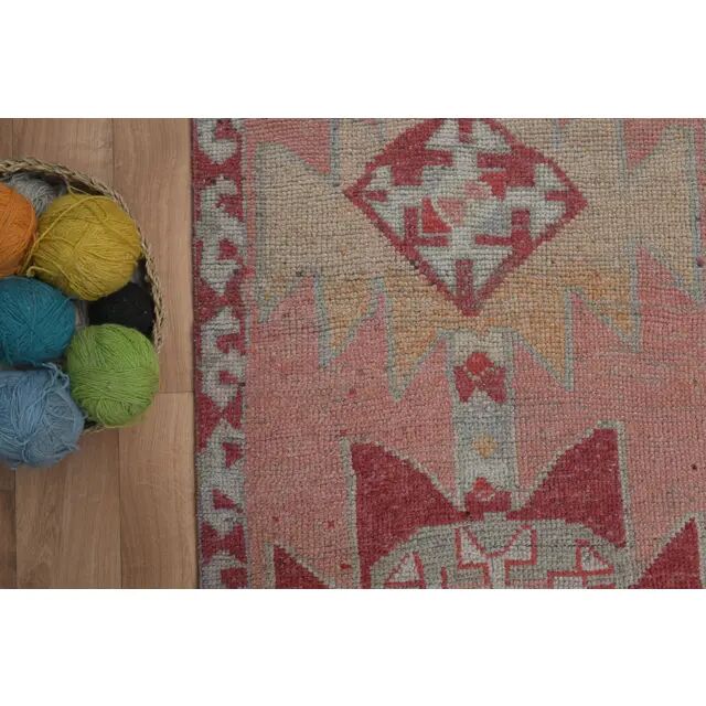 1970s Vintage Turkish Handmade Wool & Cotton Pink Runner Rug 100X349