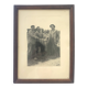 Fishing trophy with radiant faces, c. 1950. Black and white photograph.