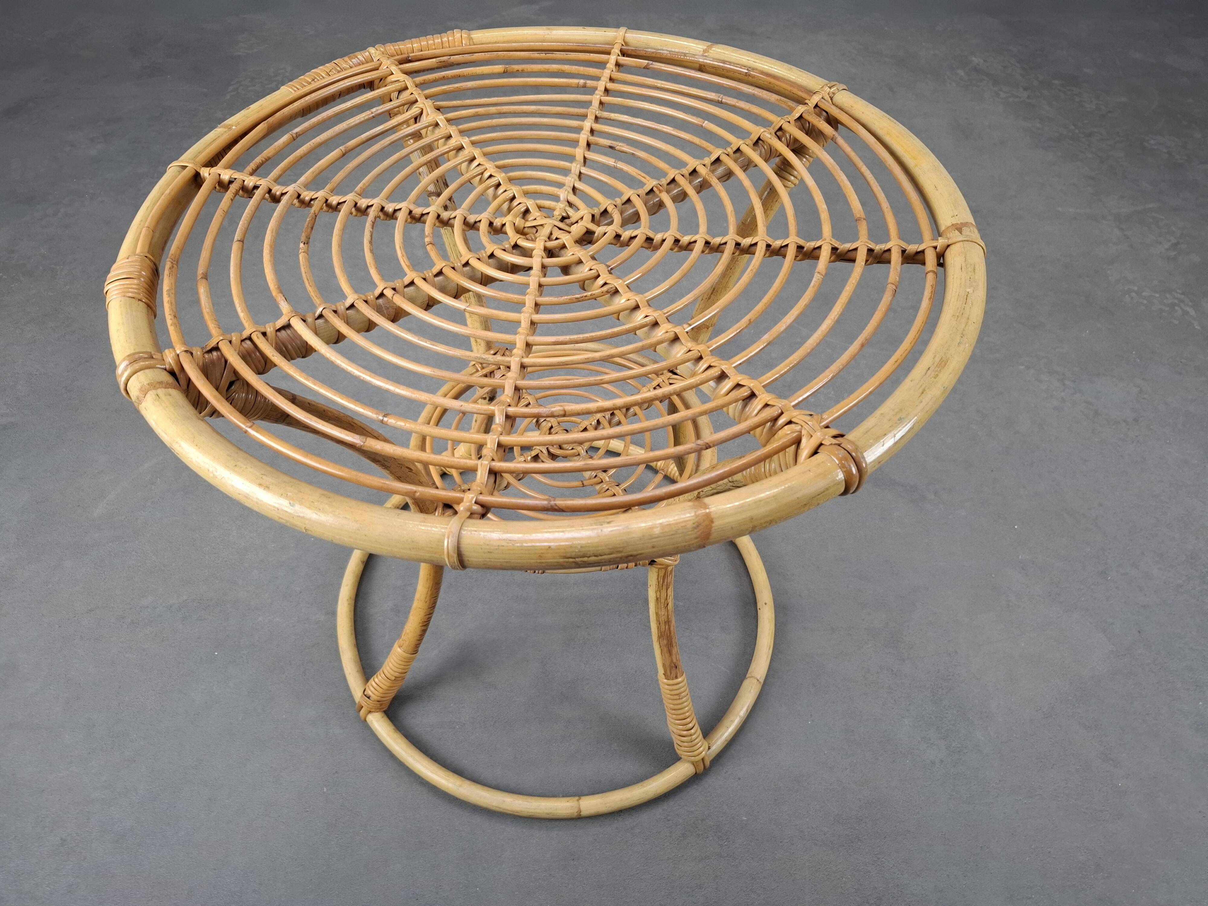 Czechoslovak Midcentury Rattan and Bamboo Side Table, 1960s
