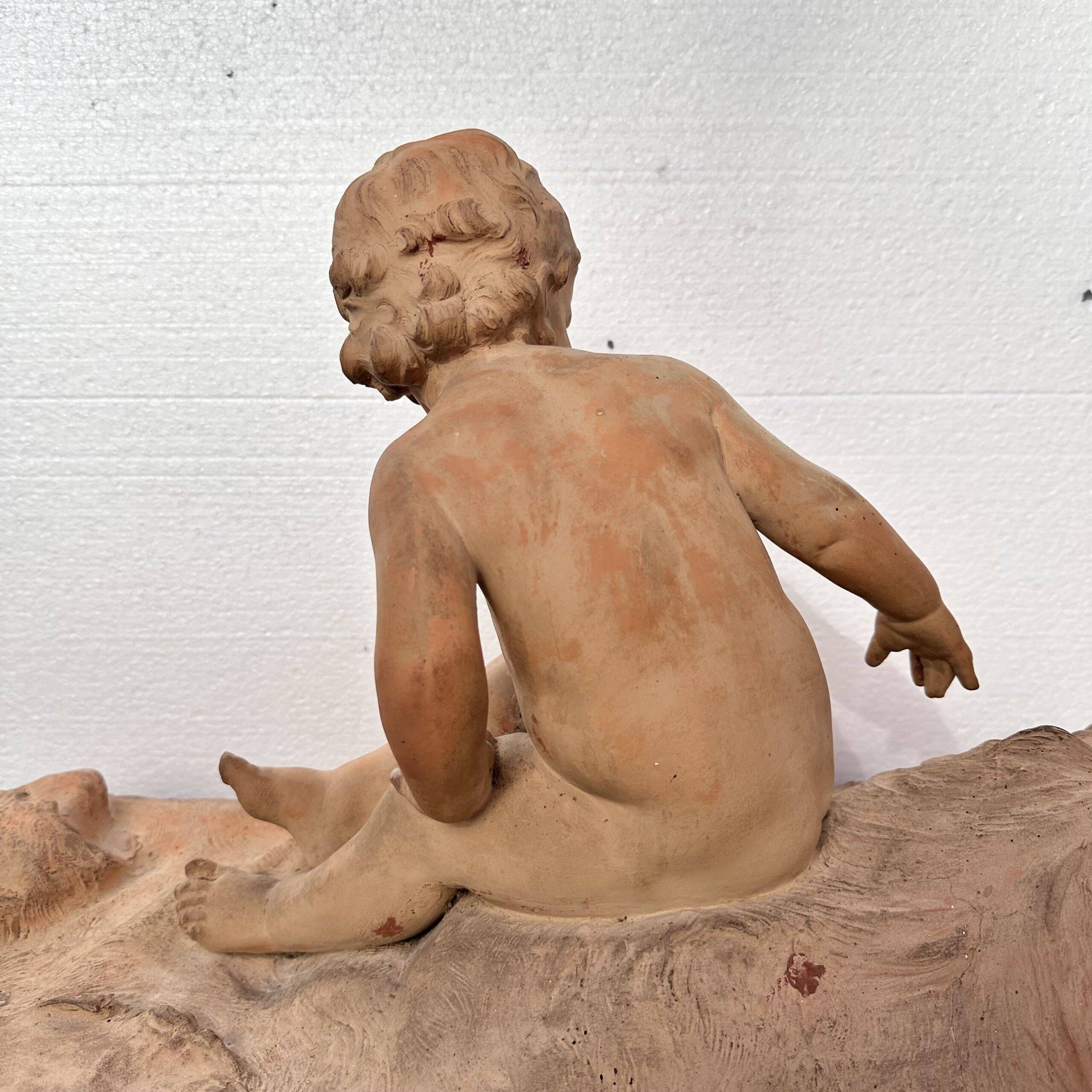 Sculpture "Putto on Lion Skin" in terracotta, Léon Dufrène, circa 1900 – France