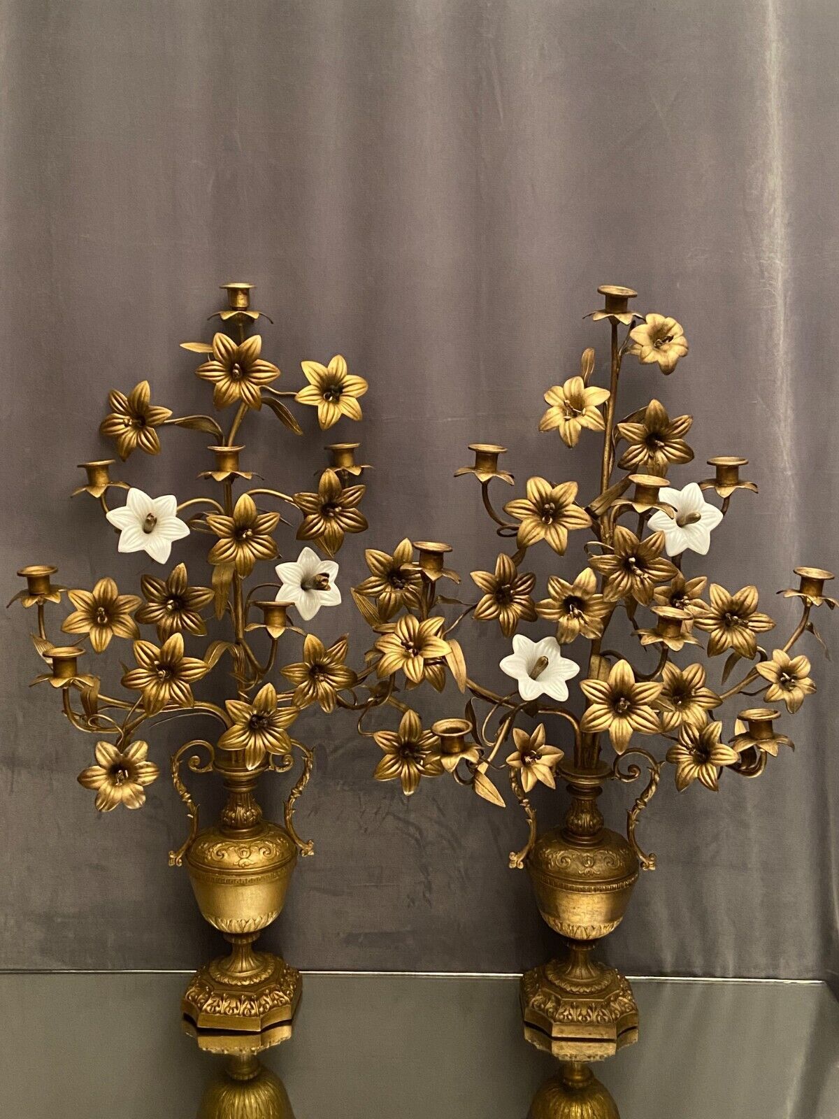 Pair of church candlesticks decorated with brass and opaline flowers nineteenth