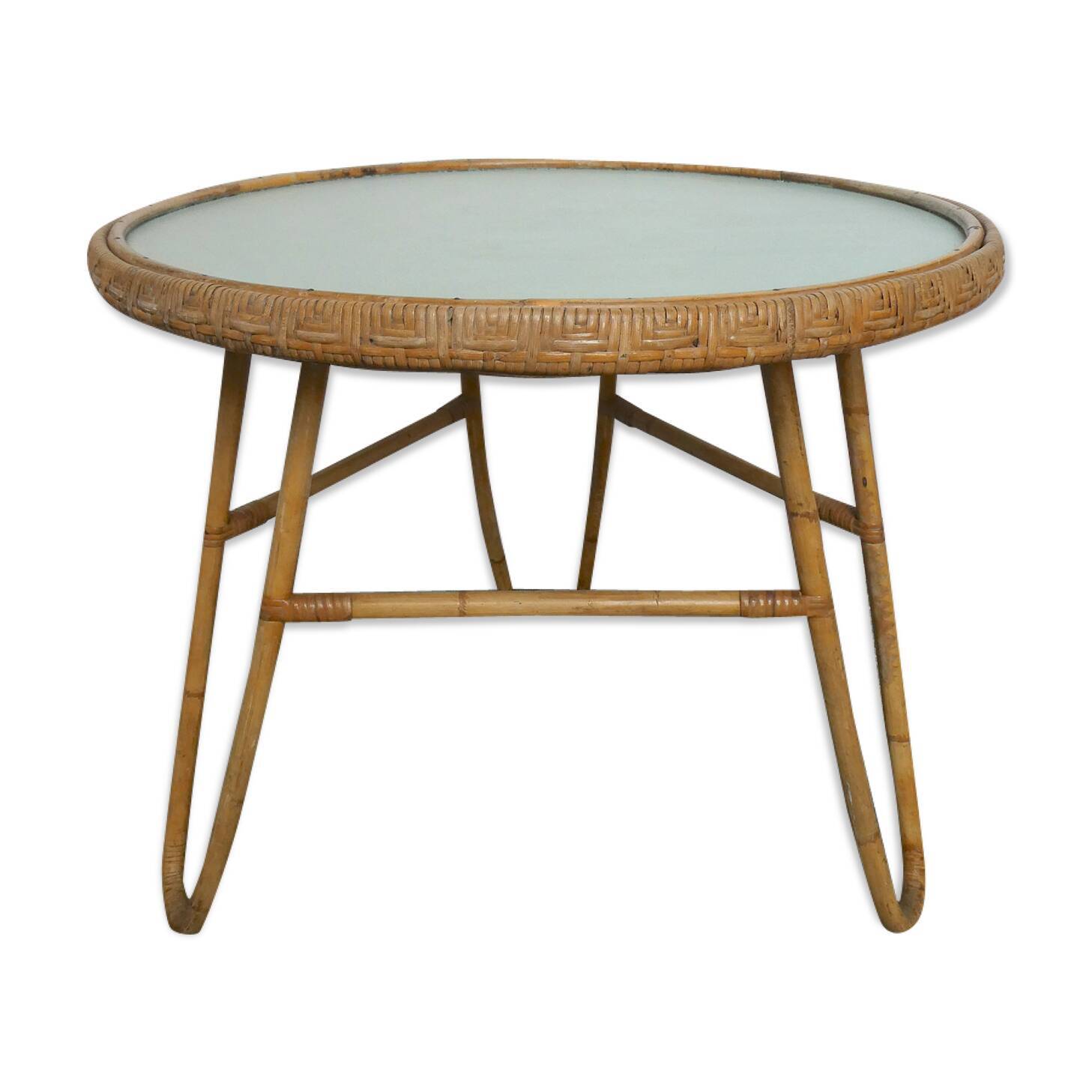 Table basse, guéridon tripode en rotin des années 70