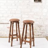 Antique bar stools, brown leather and wood