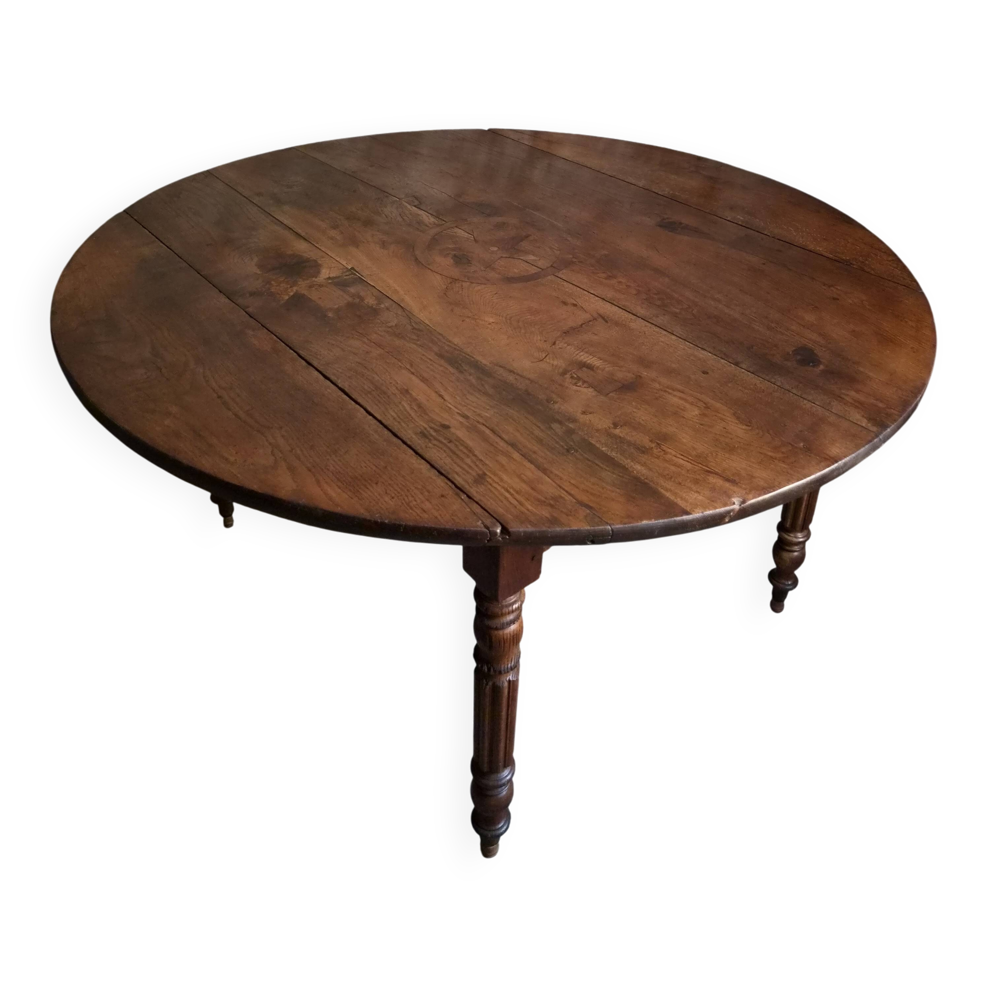Table à manger ronde pliante ancienne française en chêne | Marqueterie étoile | c. 1850–1880