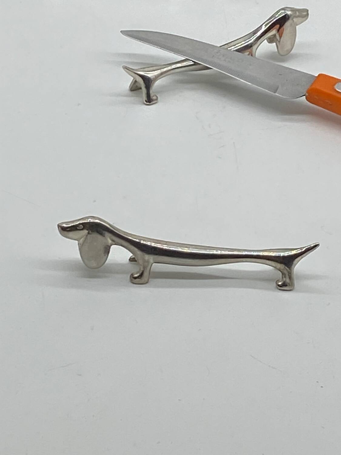 Vintage knife holder, dog, dachshund, silver metal, animal