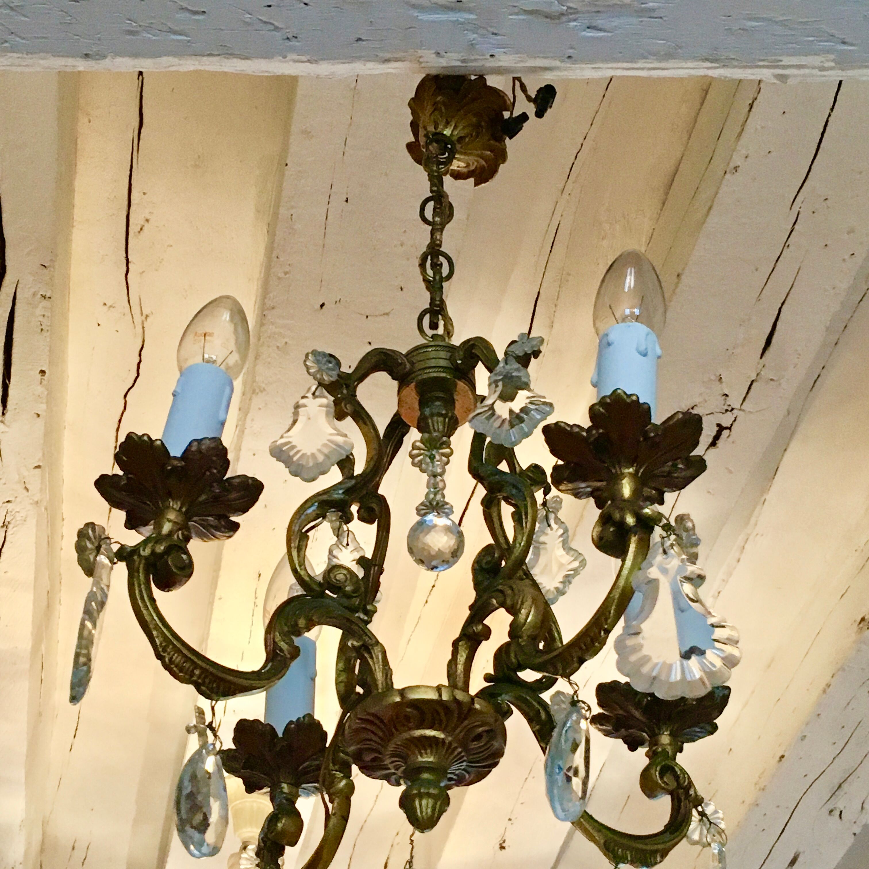 Cage chandelier 4 burners solid bronze and crystal pendants