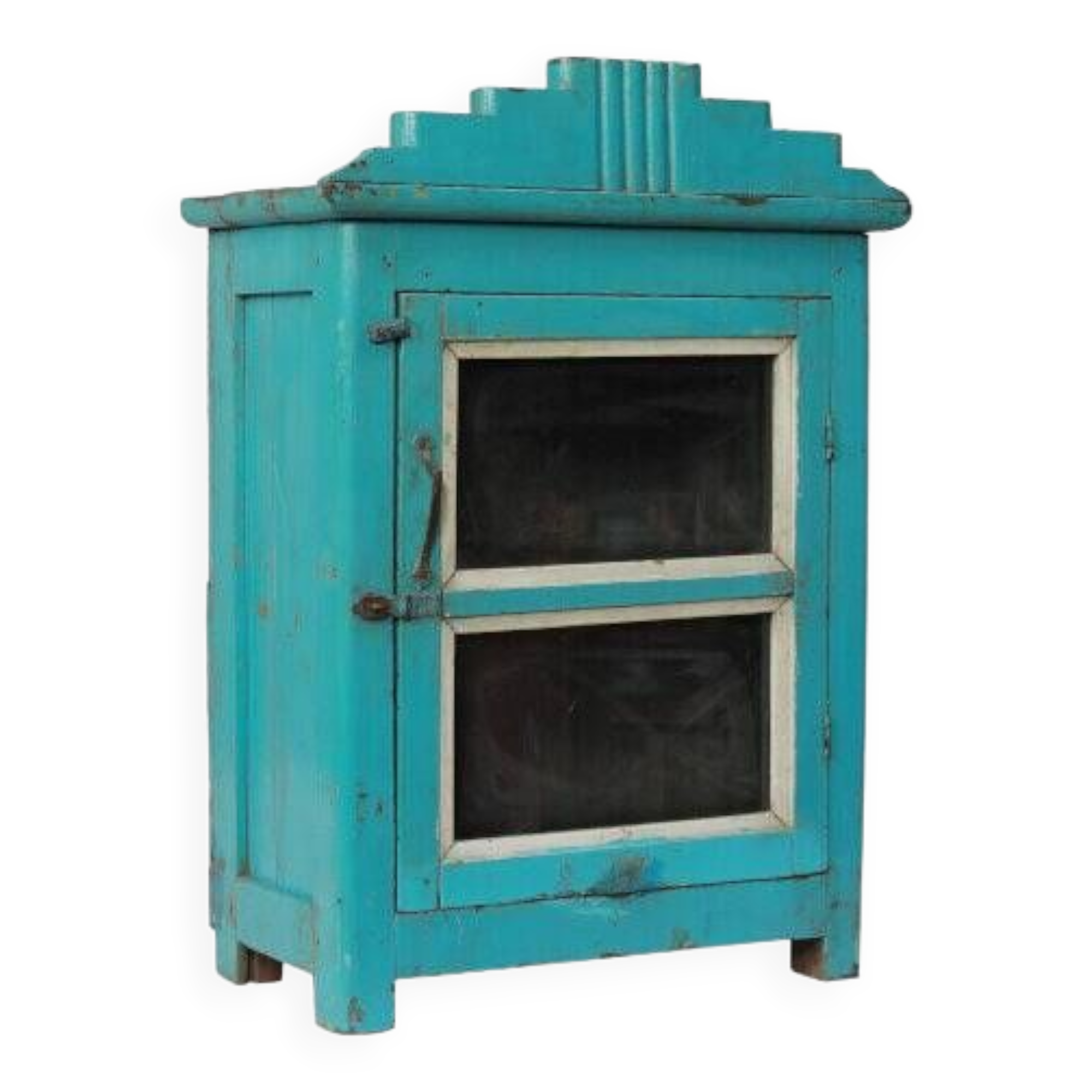 Indian showcase or bedside glass old teak blue patina