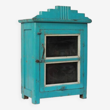 Indian showcase or bedside glass old teak blue patina