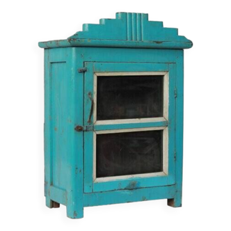 Indian showcase or bedside glass old teak blue patina