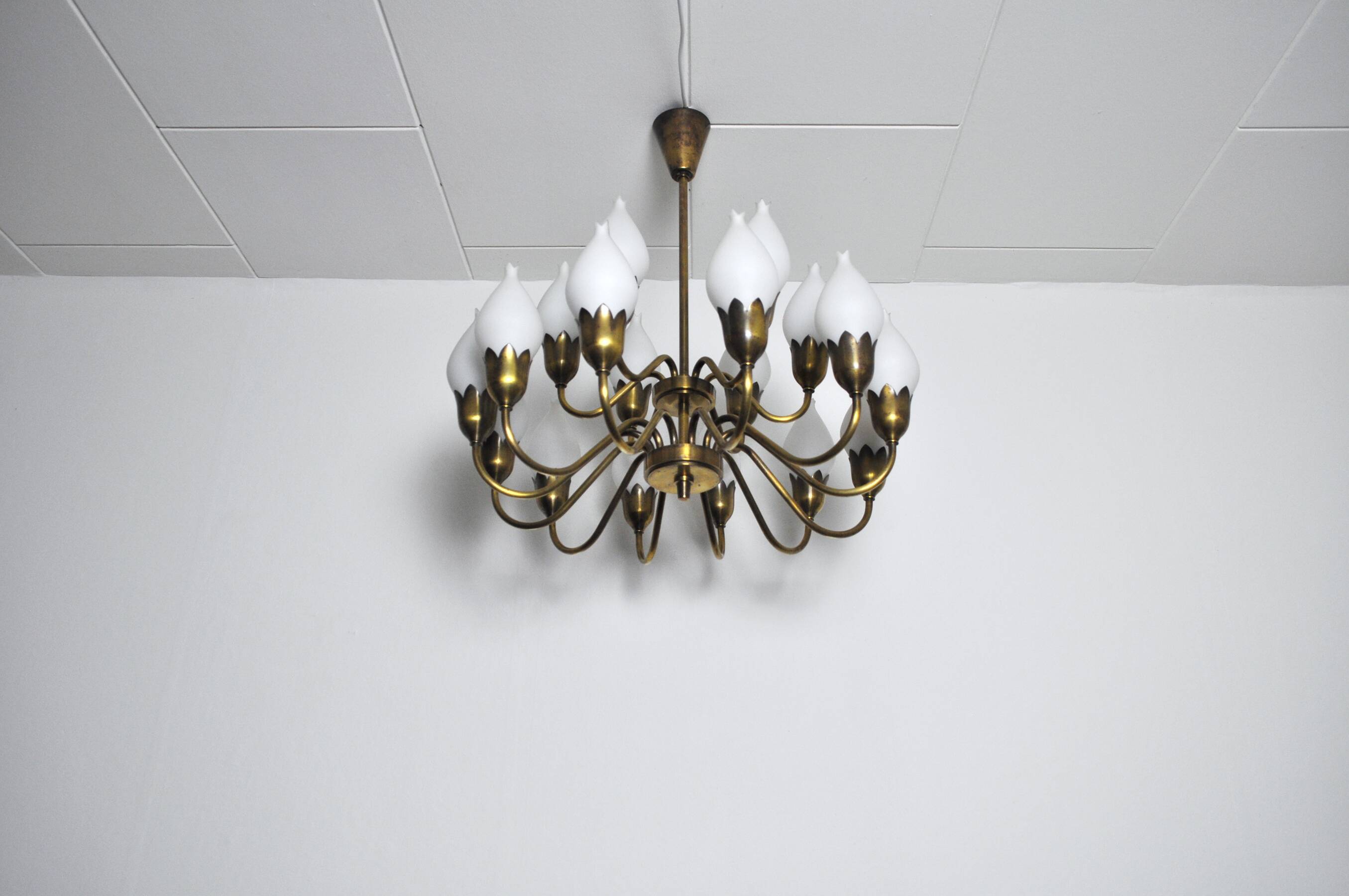 Fog & Mørup 18-Arm Brass and Opaline Glass Tulip Chandelier