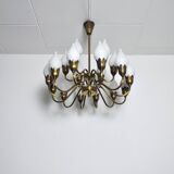 Fog & Mørup 18-Arm Brass and Opaline Glass Tulip Chandelier