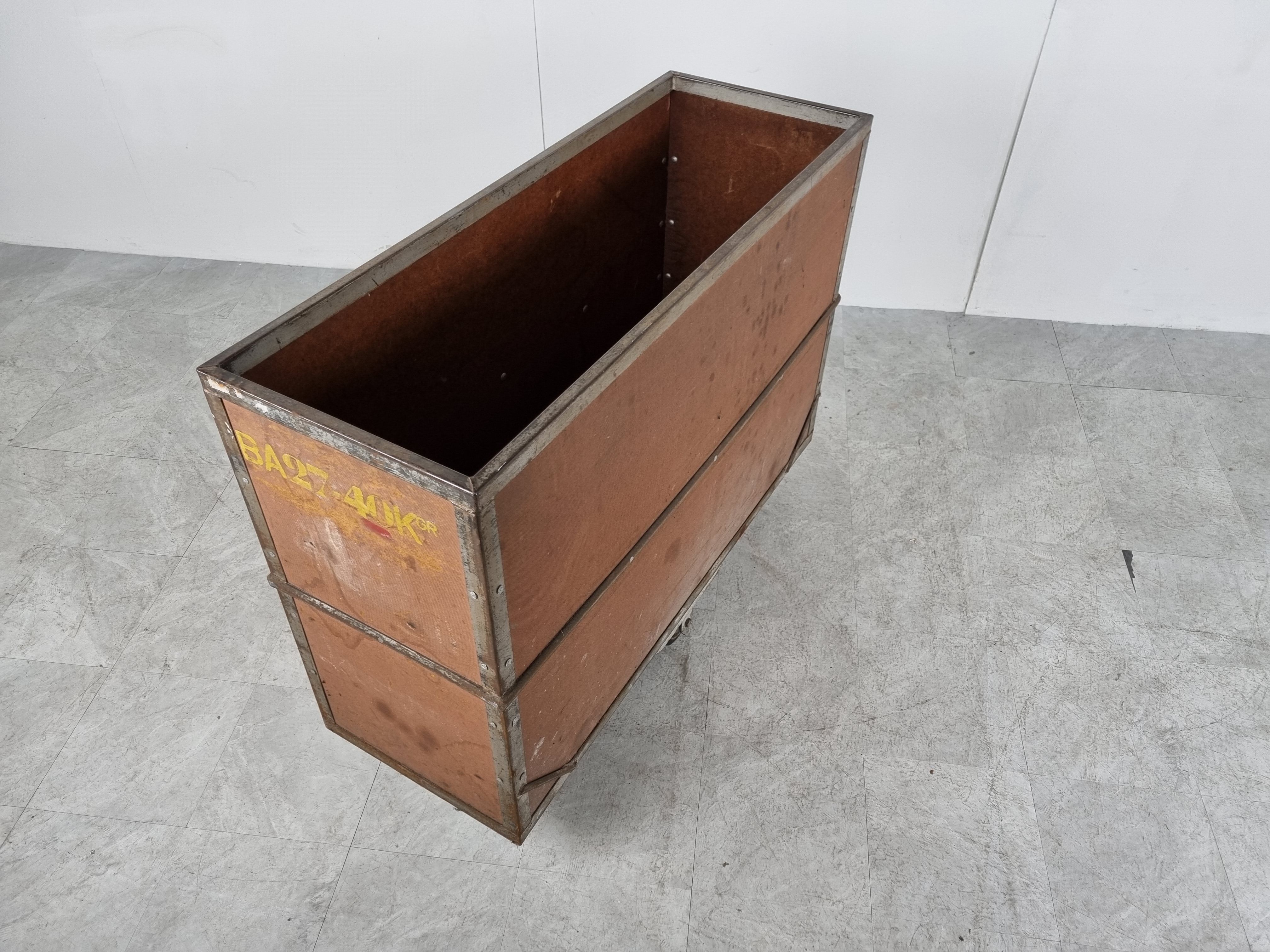 Vintage industrial steel and wooden trolley, 1950s