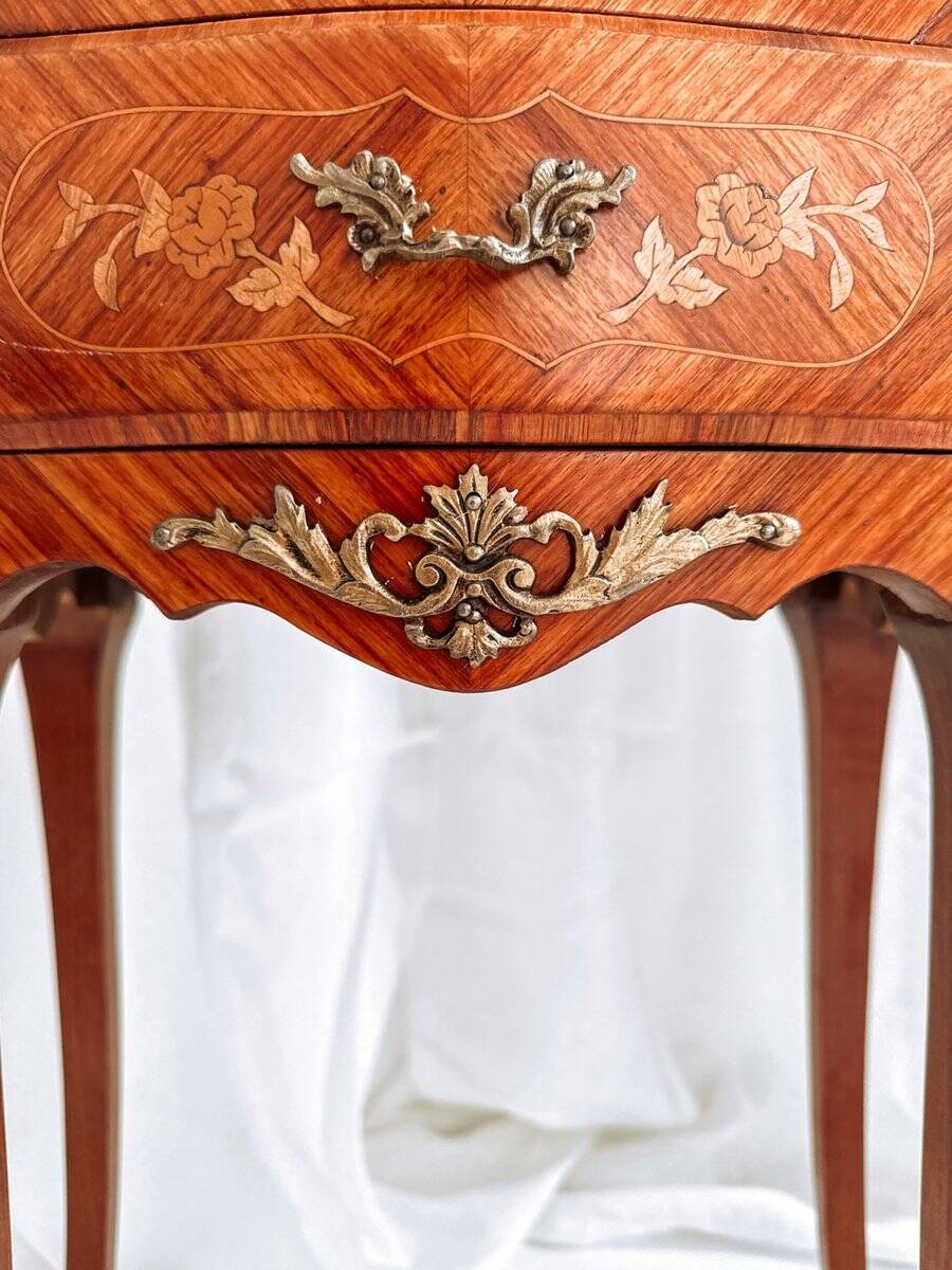 Mid-century French Louis XV style bedside tables with marble tops and floral marquetry, 1940s, set of 2