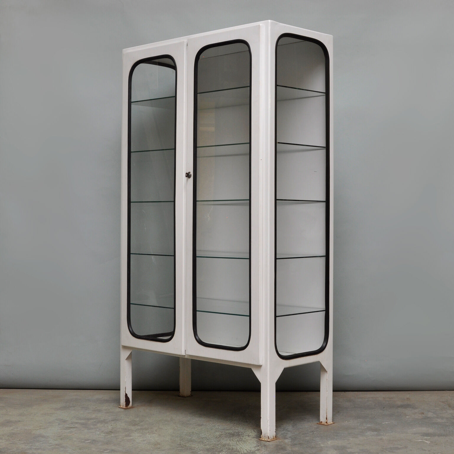 Vintage iron and glass medical cabinet of the 1970s