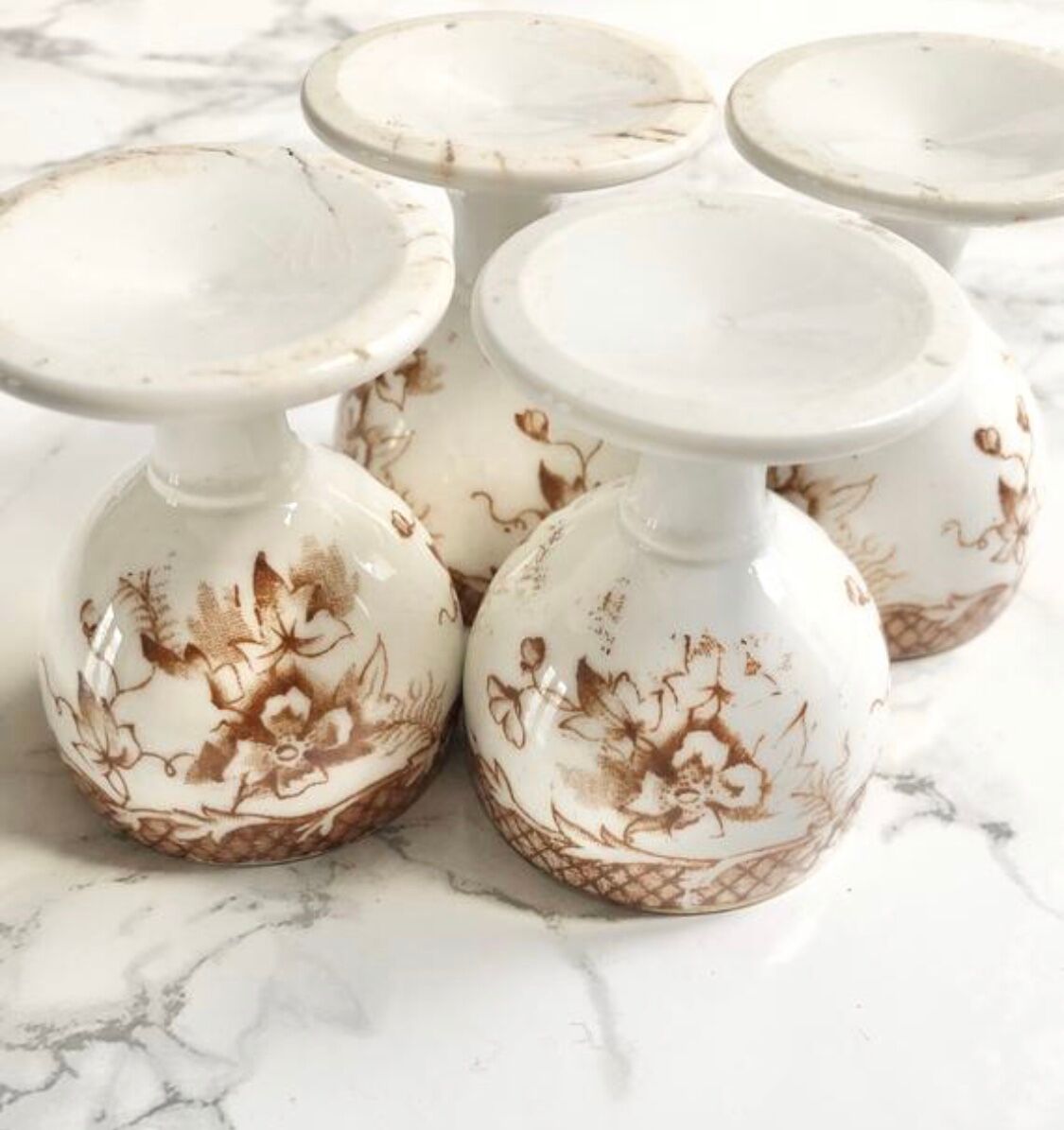 Suite of 4 old porcelain cockroaches decorated with sepia-printed leaves