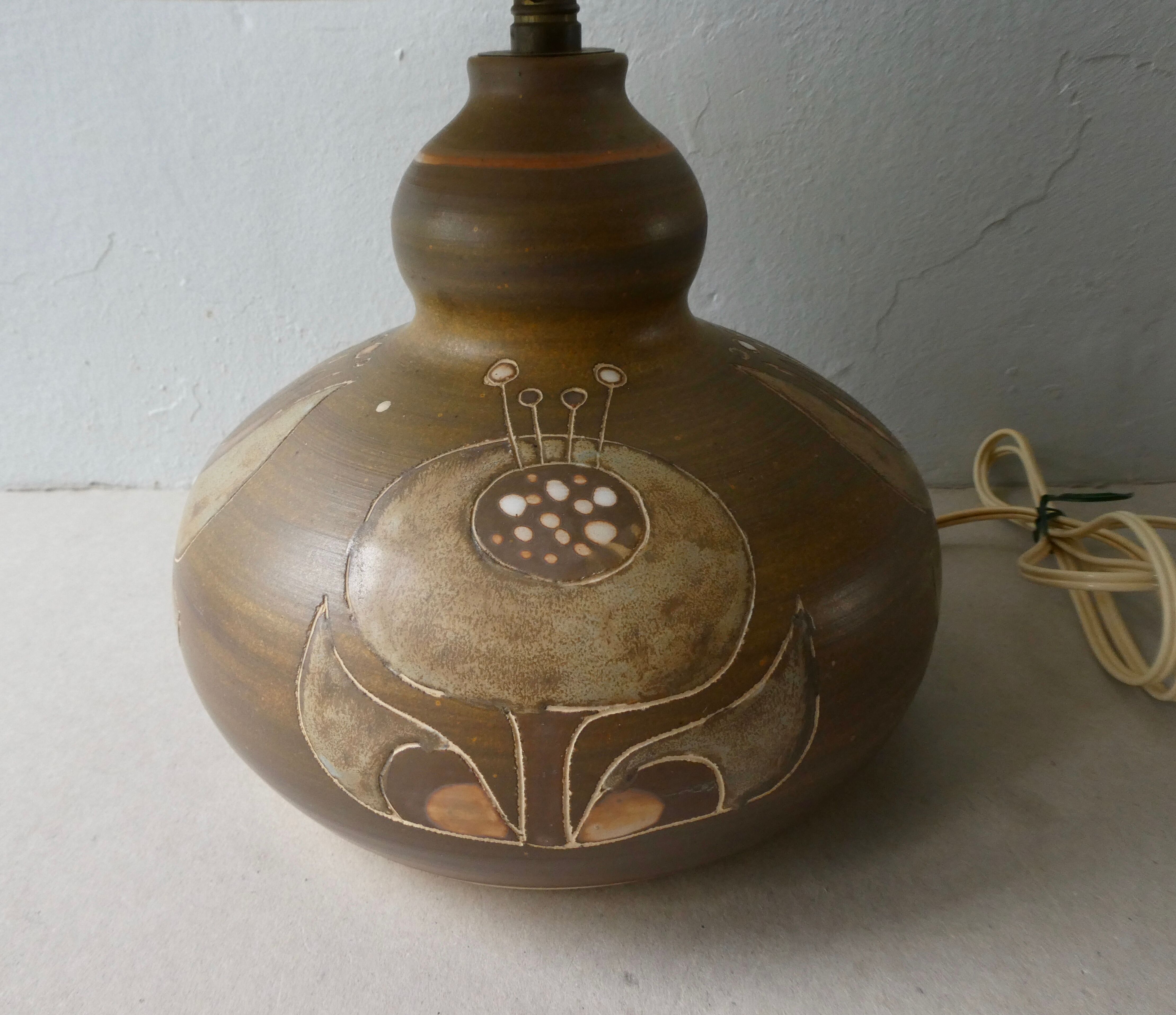Ceramic lamp from the 60s, decoration flowers, Scandinavian, signed