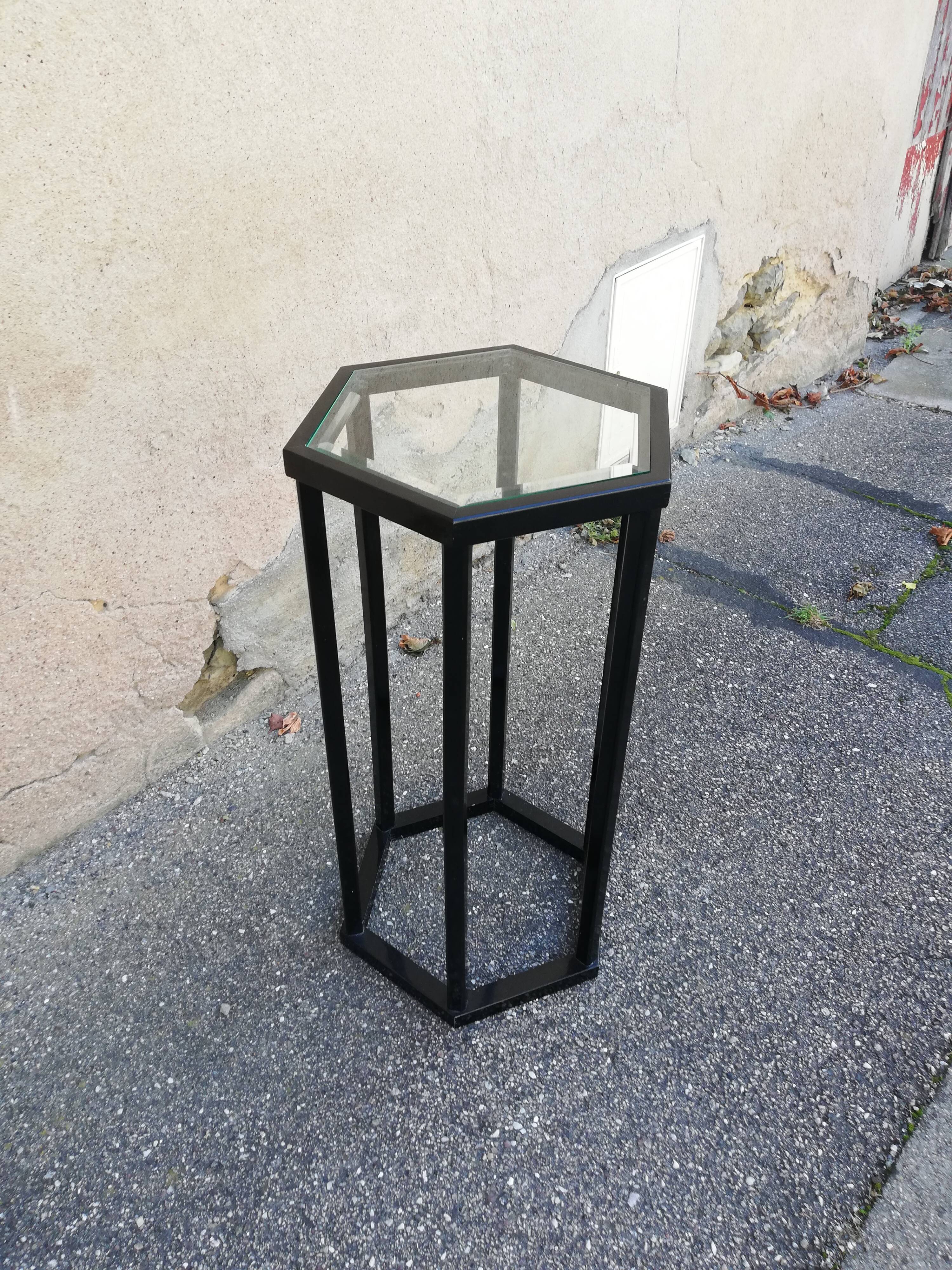 Vintage pedestal table wood and glass