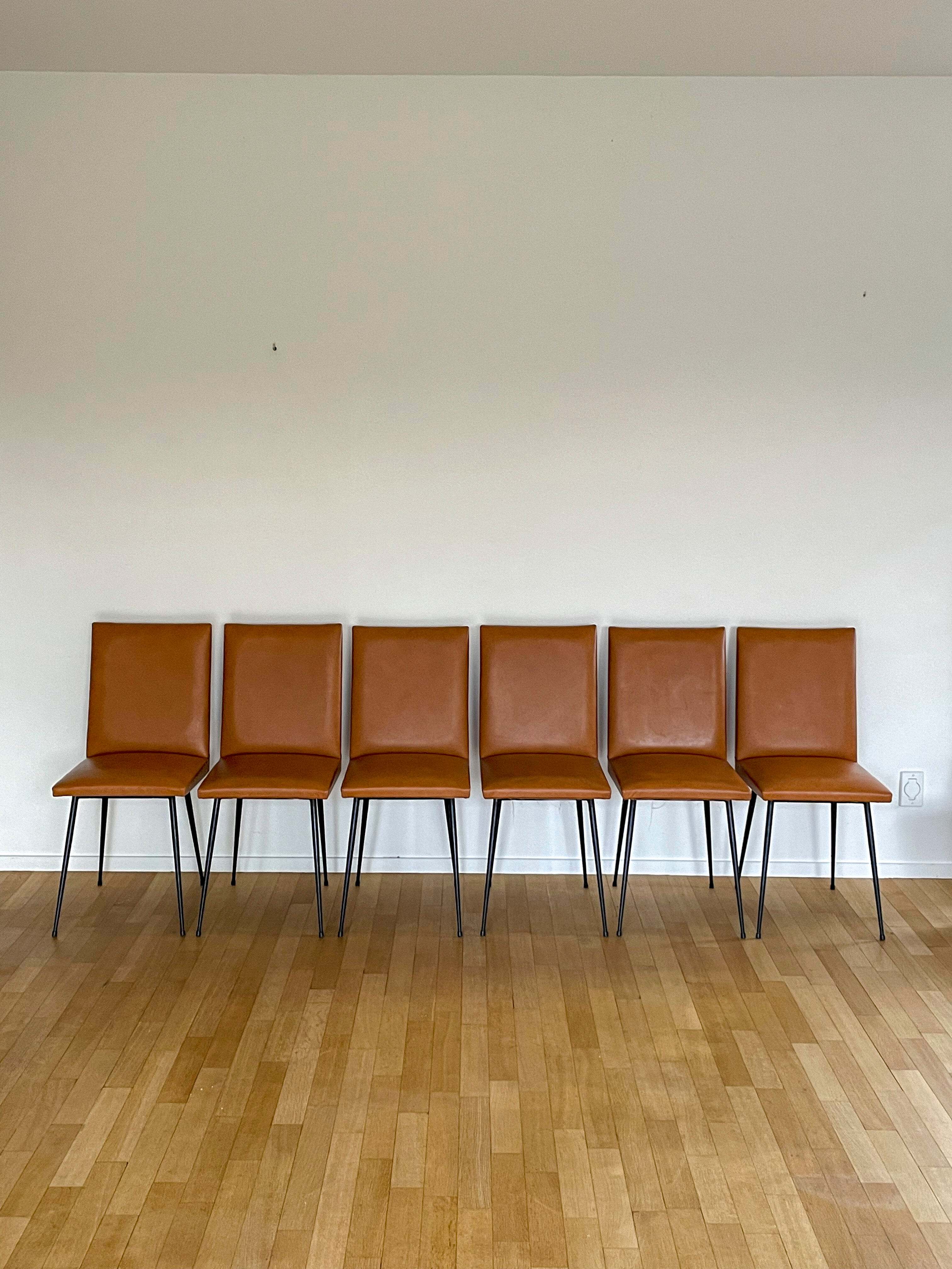 Set of 6 brown skaï chairs and black metal, 1960