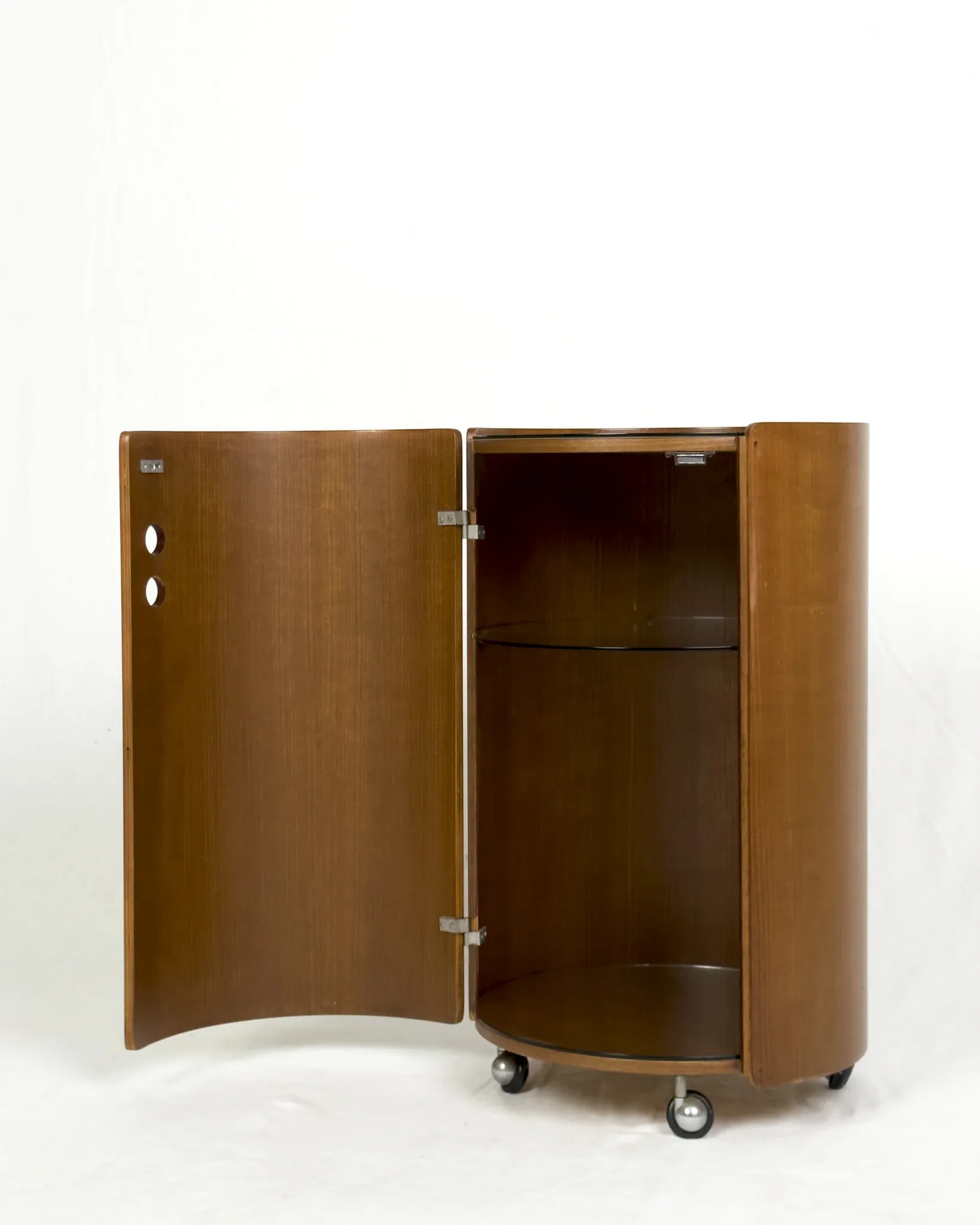 Round wood bar cabinet with glass top, Italy 1960s