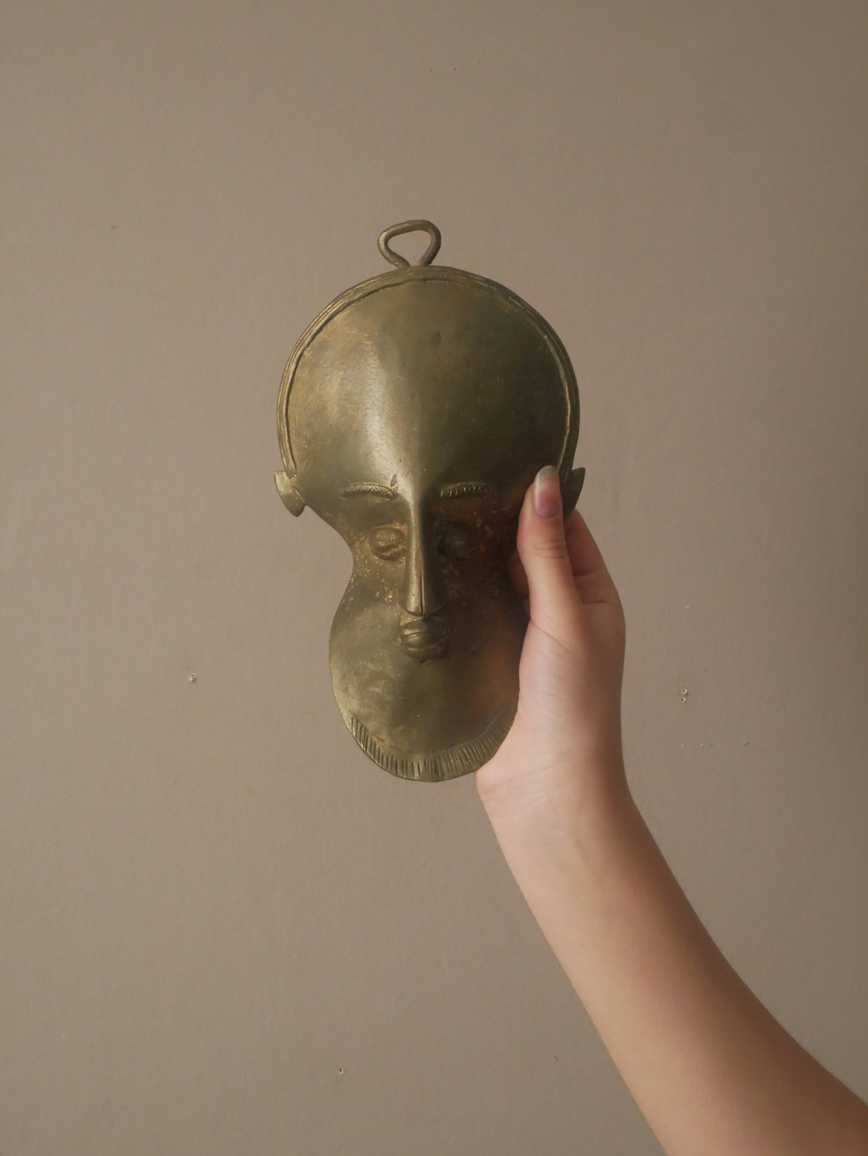 Brass mask wall sculpture tribal decorative object African art handmade vintage