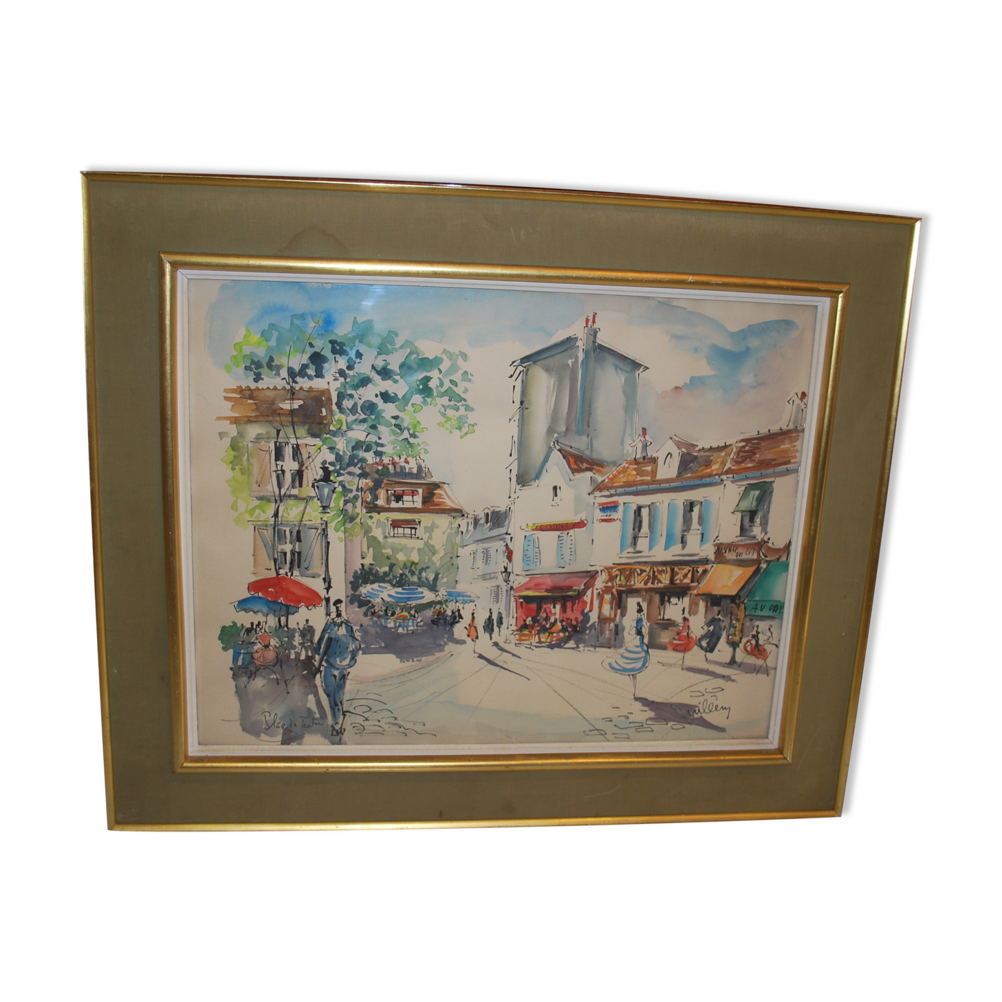 Tableau aquarelle Montmartre Place du Tertre Paris signé Guillery
