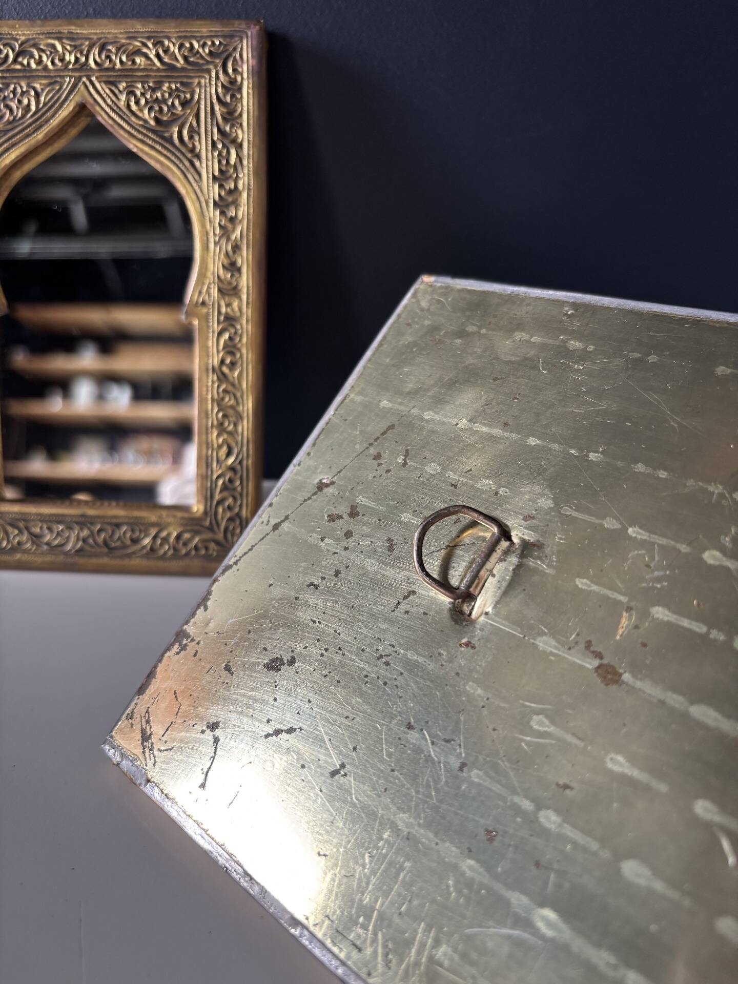 Vintage trio of mirrors in Moroccan style — embossed brass · moucharabieh arch