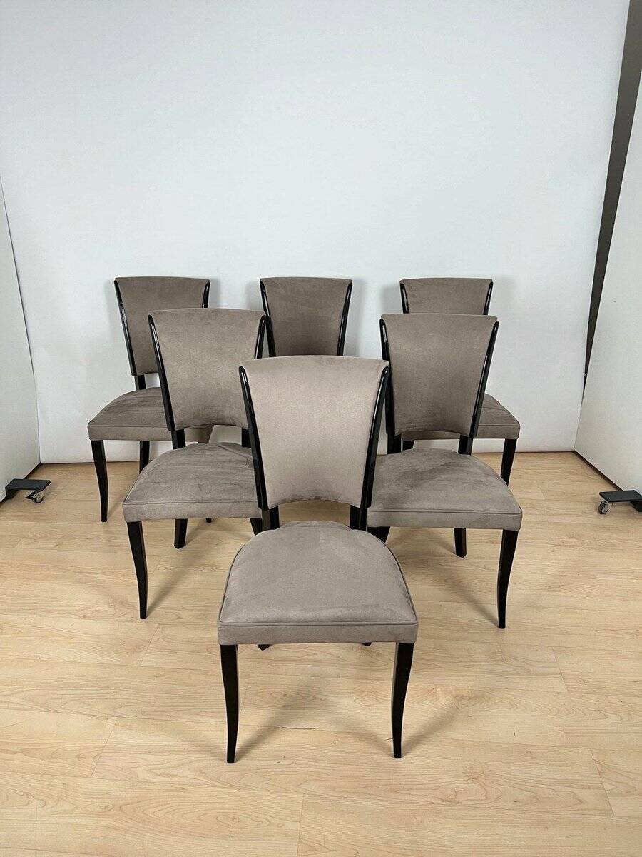 Art Deco Chairs in Black Lacquer & Grey Alcantara, France, 1930s, Set of 6