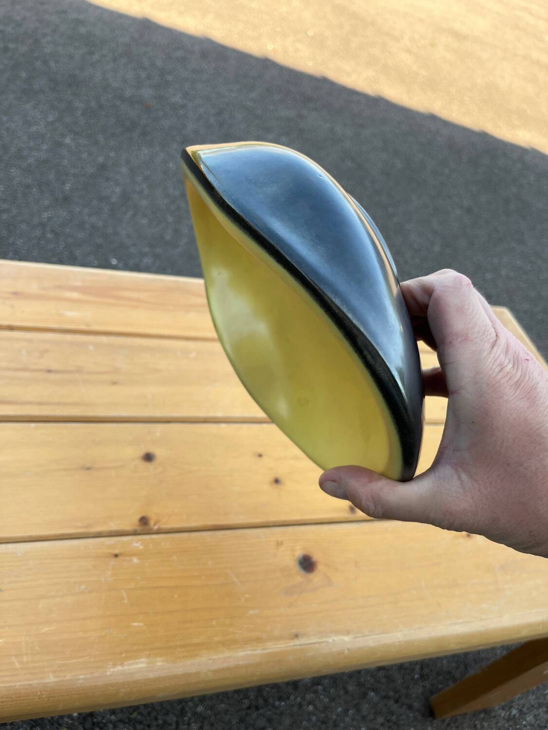 Large vintage 1950 bowl in black and yellow free-form ceramic