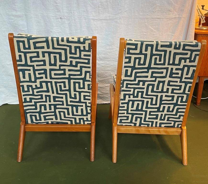 Fauteuils français années 50 bois et tissus